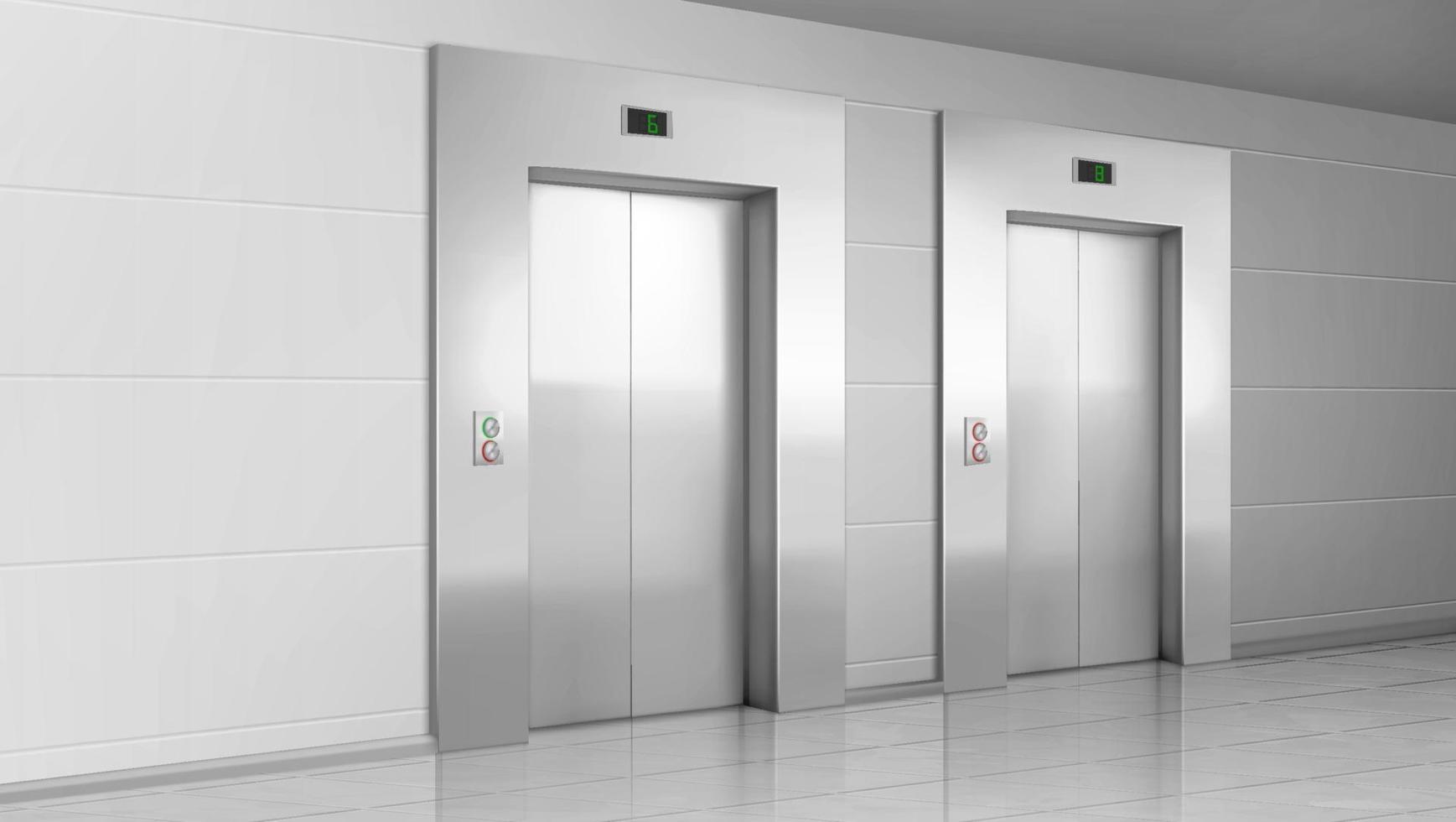 Metal elevator doors in modern office hallway vector