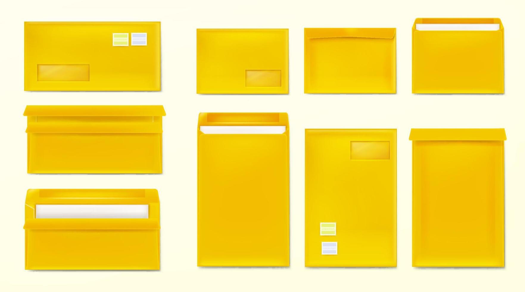 Yellow envelopes with stamps. Blank paper covers vector