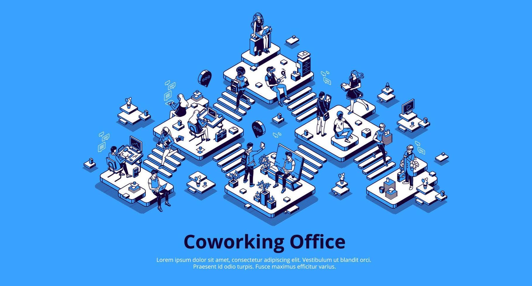 página de inicio isométrica de la oficina de coworking. trabajo en equipo vector