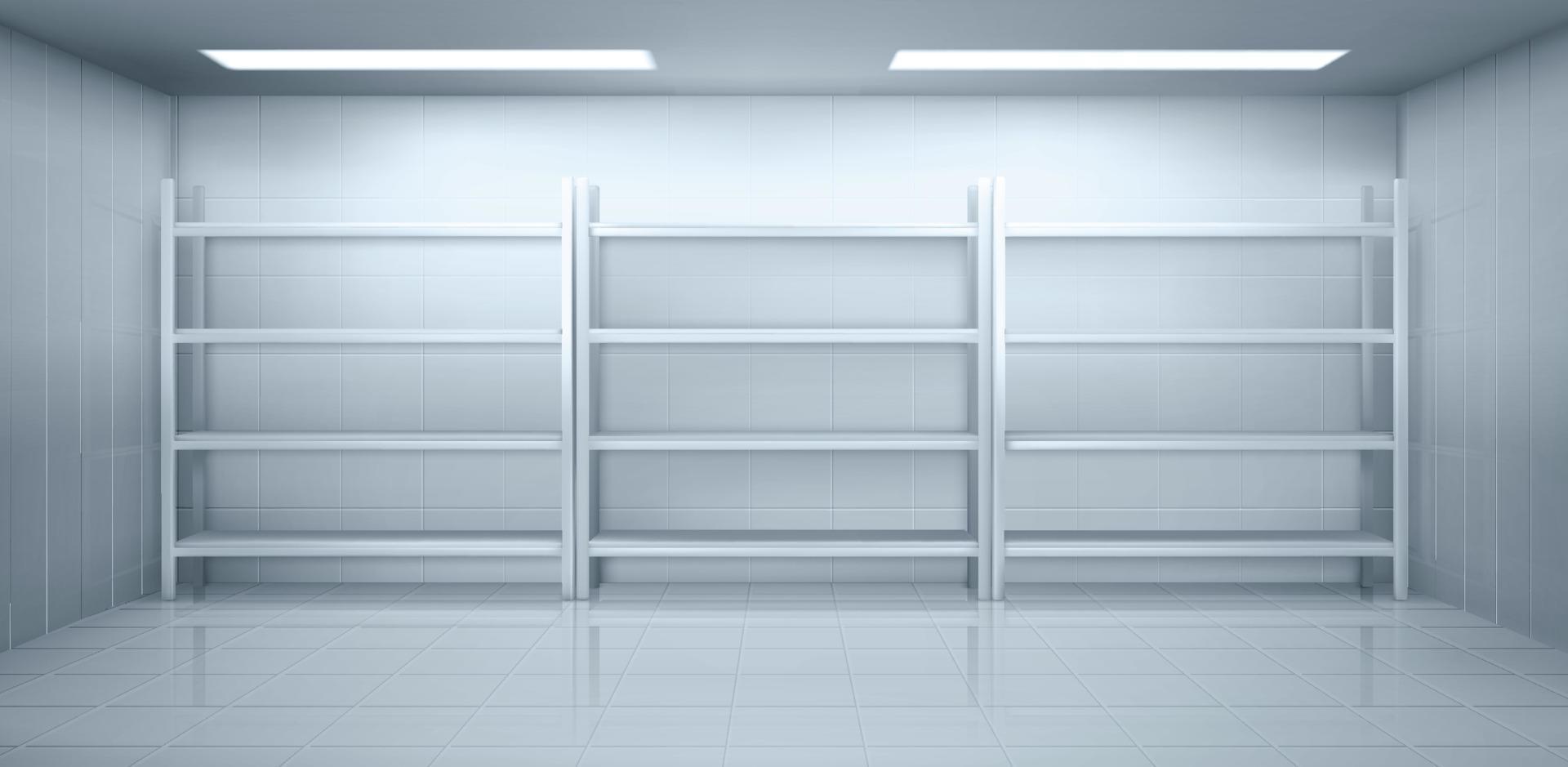 Cold room in warehouse with empty metal racks vector