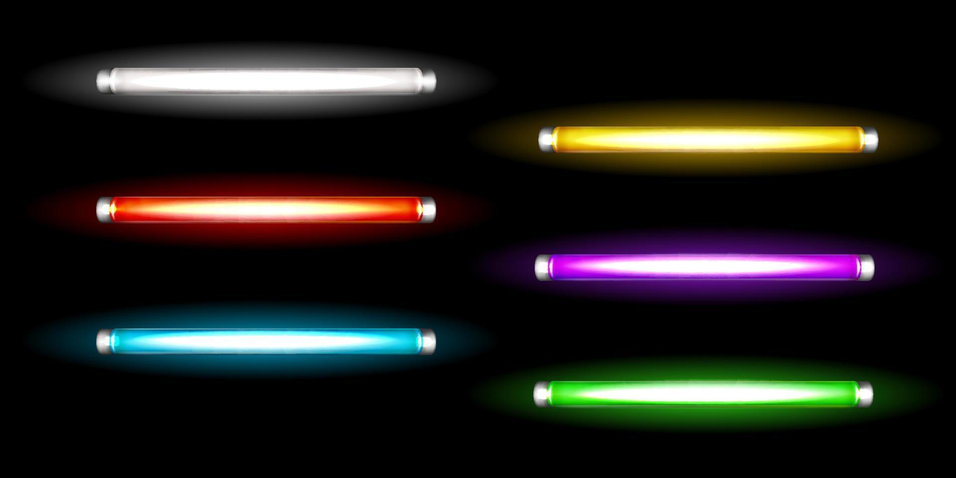 Neon tube lamps, long fluorescent colored bulbs vector