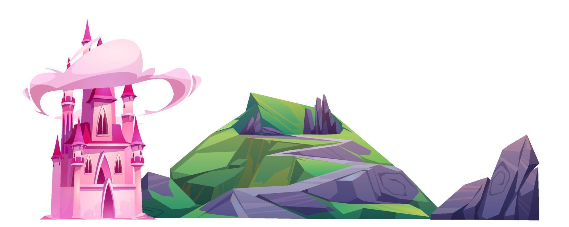 castillo rosa mágico de dibujos animados de vector y colina verde