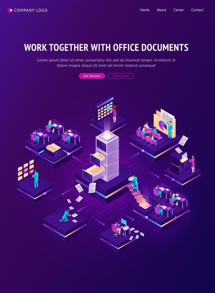 Work with documents isometric landing page, banner vector