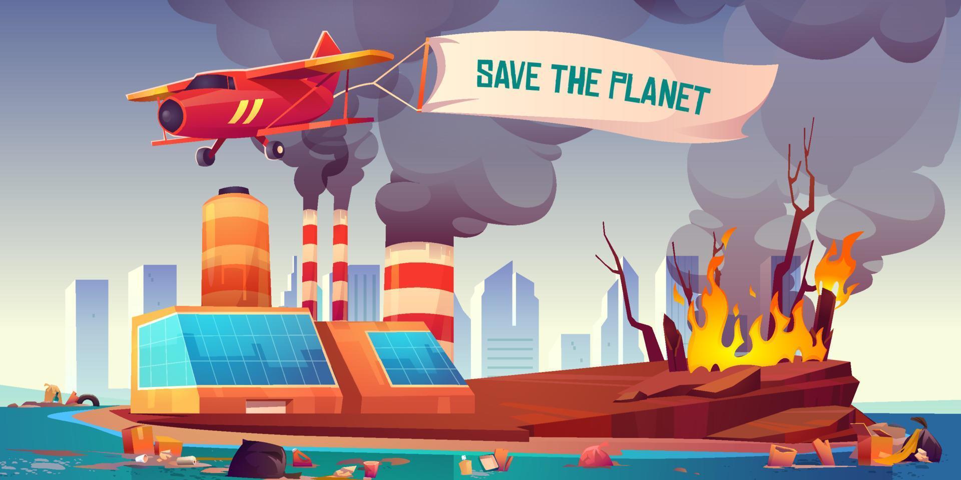 Flying plane with banner Save the planet vector