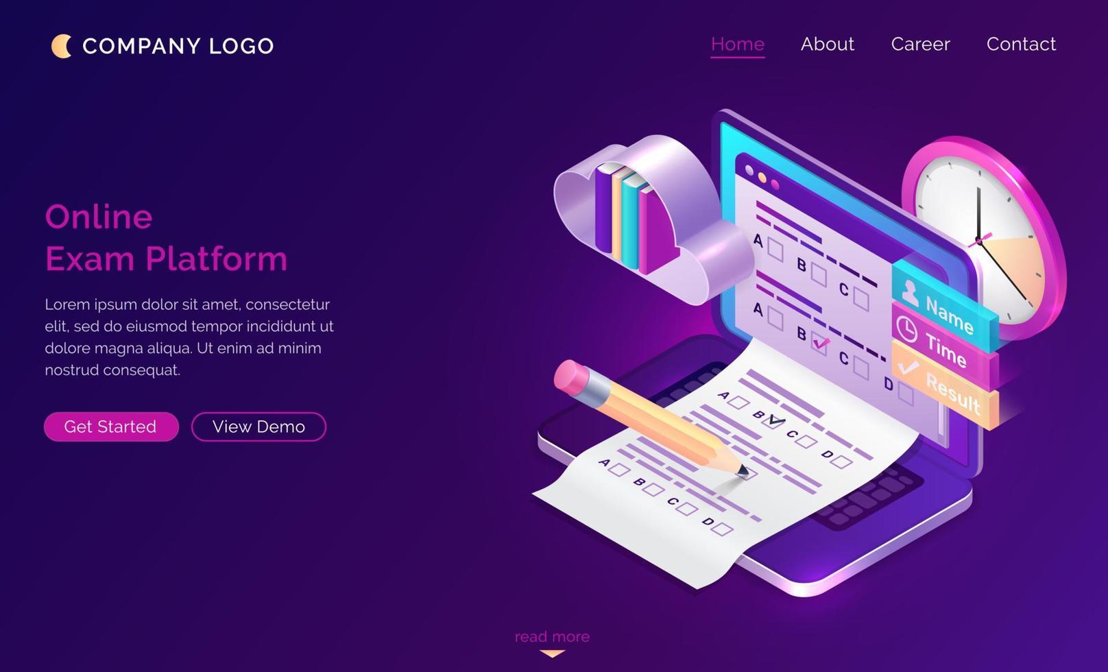 Online exam platform isometric landing page, test vector