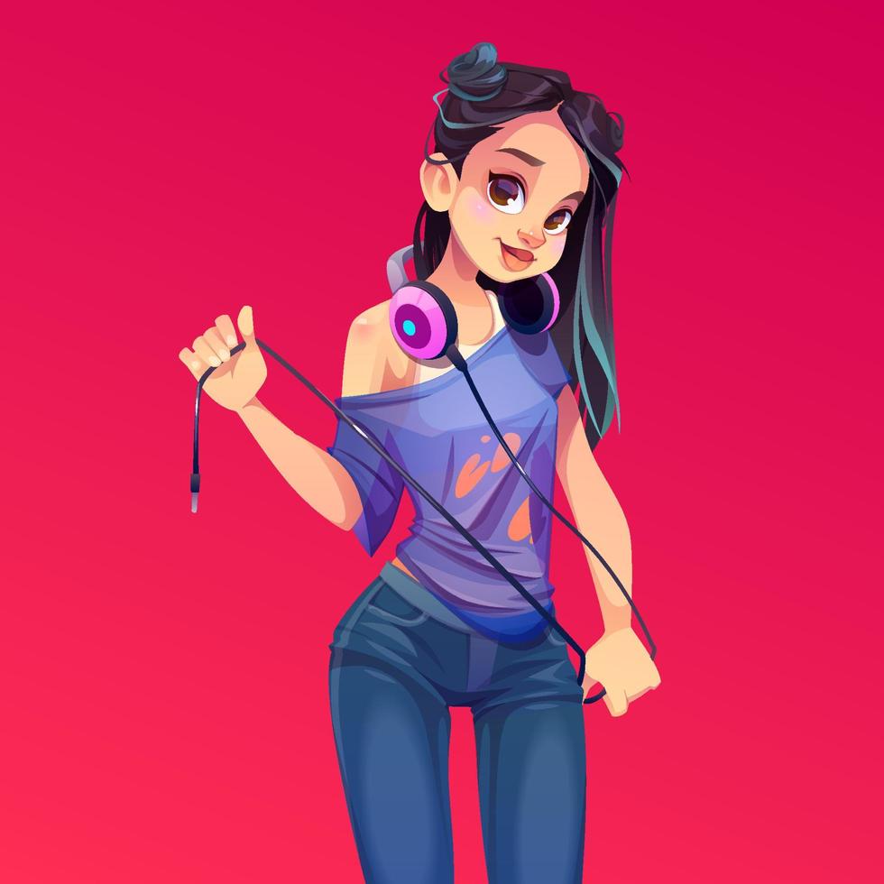 Dj girl in headphones, modern clothes, party maker vector