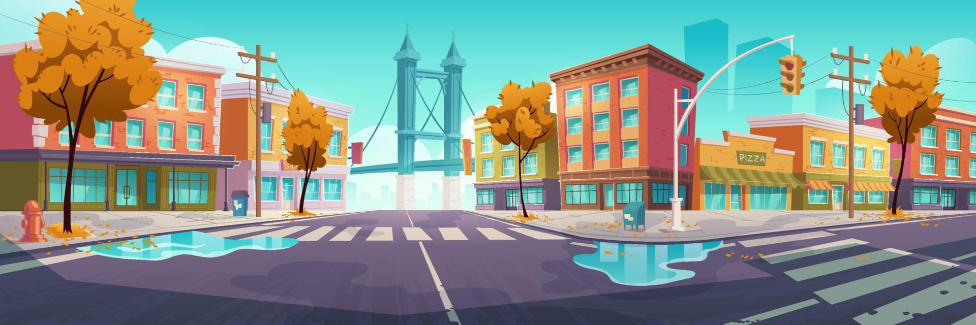 City crossroad in autumn time, empty intersection vector