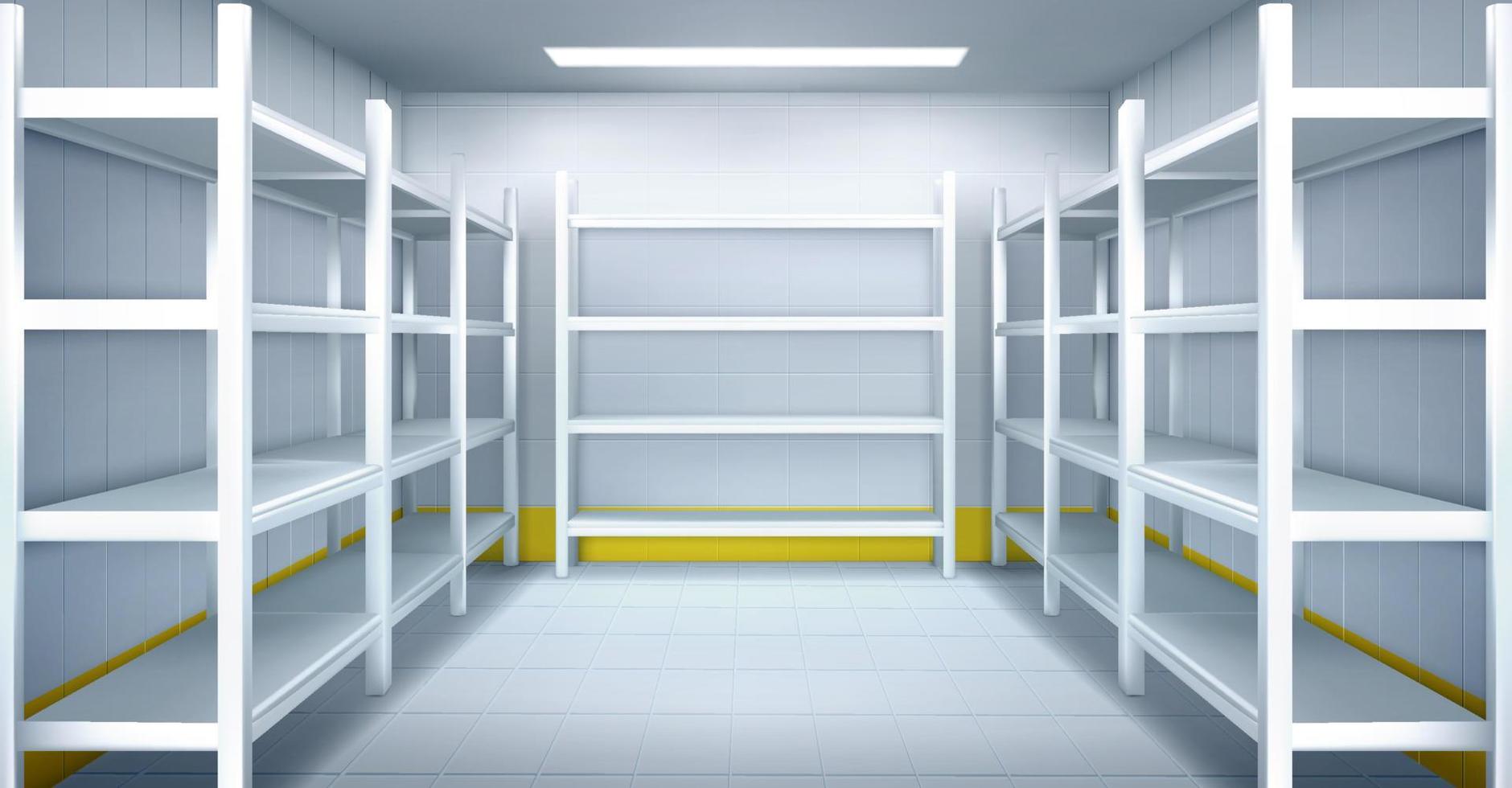 Cold room in warehouse with empty metal racks vector