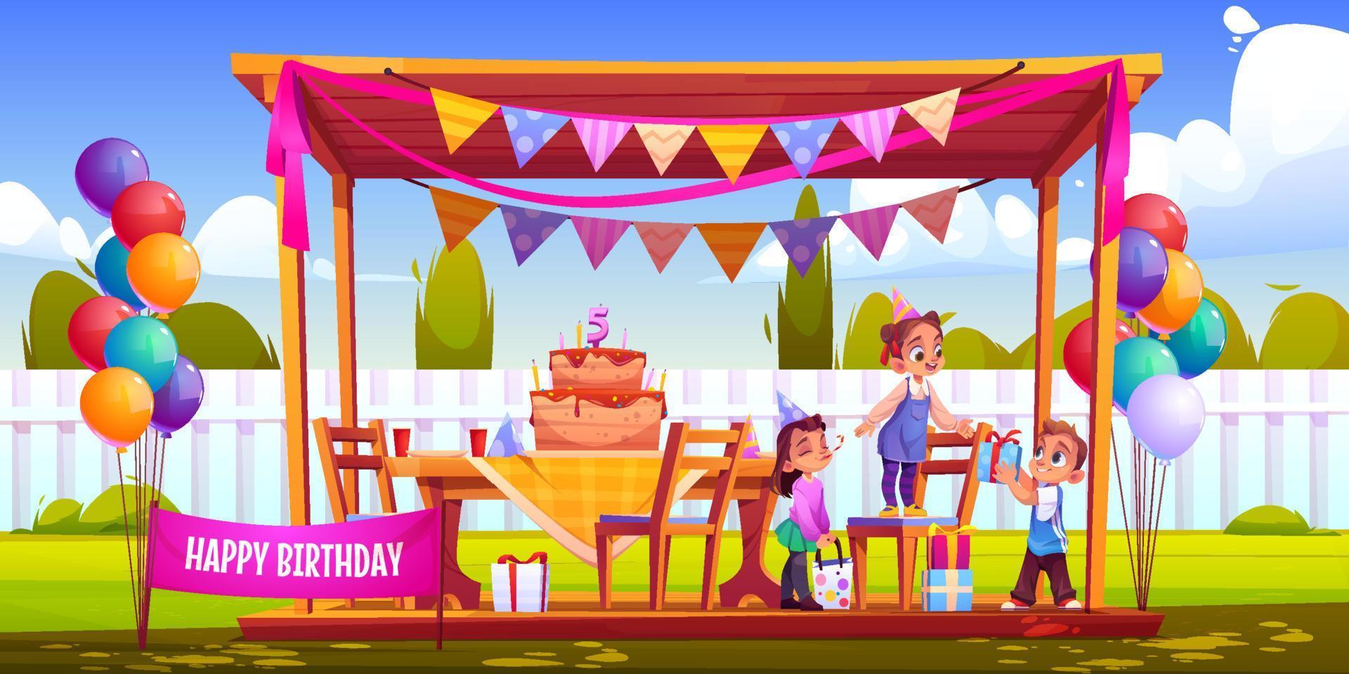 Kids celebrate birthday on backyard vector