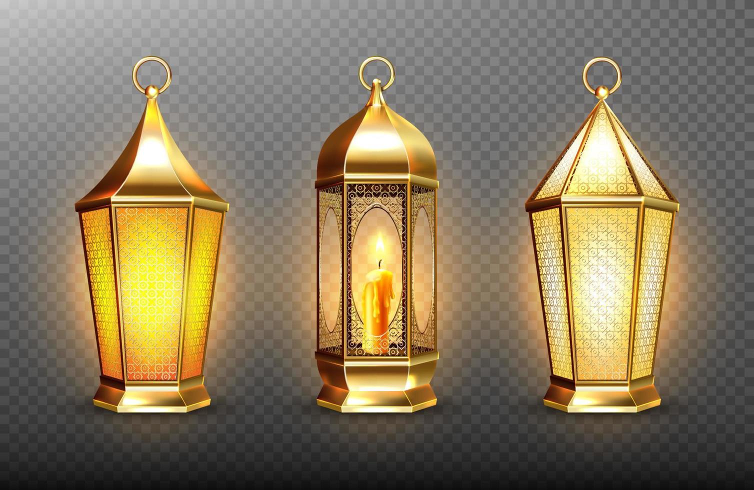 Vintage gold arabic lanterns with glowing candles vector