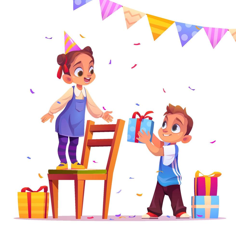 Birthday girl receive gift from boy, party, event vector