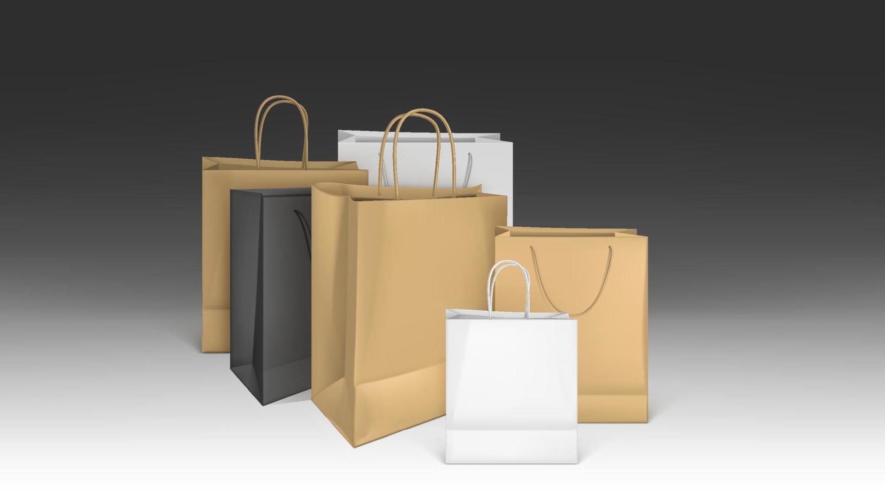 Paper shopping bags, blank packages mockup set vector