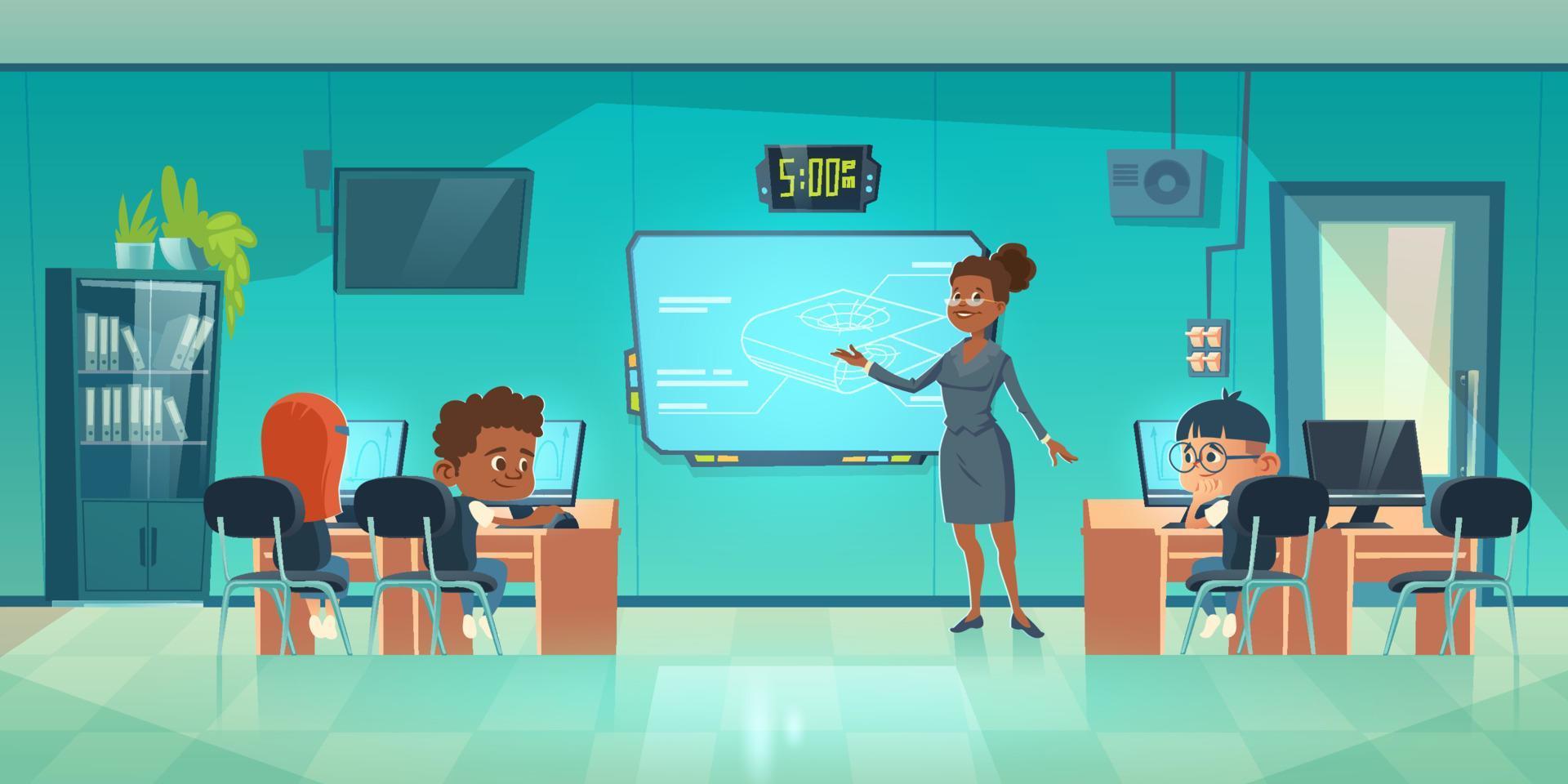 Teacher and children in computer classroom vector