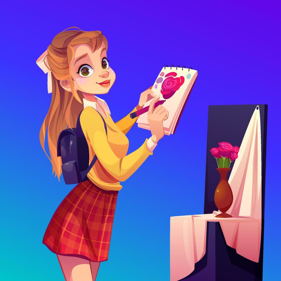 Artist girl paint flowers in vase, workshop studio vector