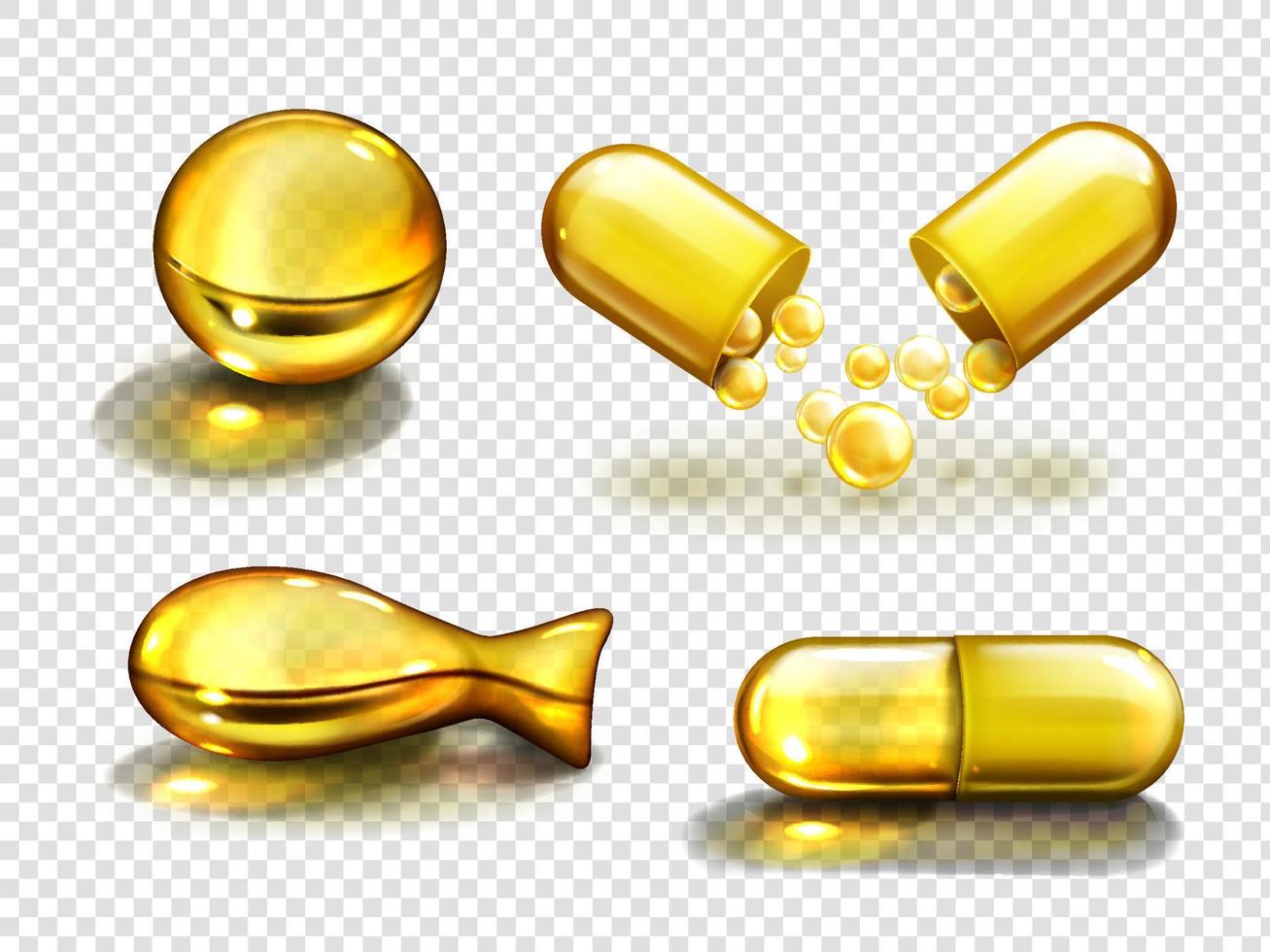Gold oil capsules, vitamine supplements, collagen vector