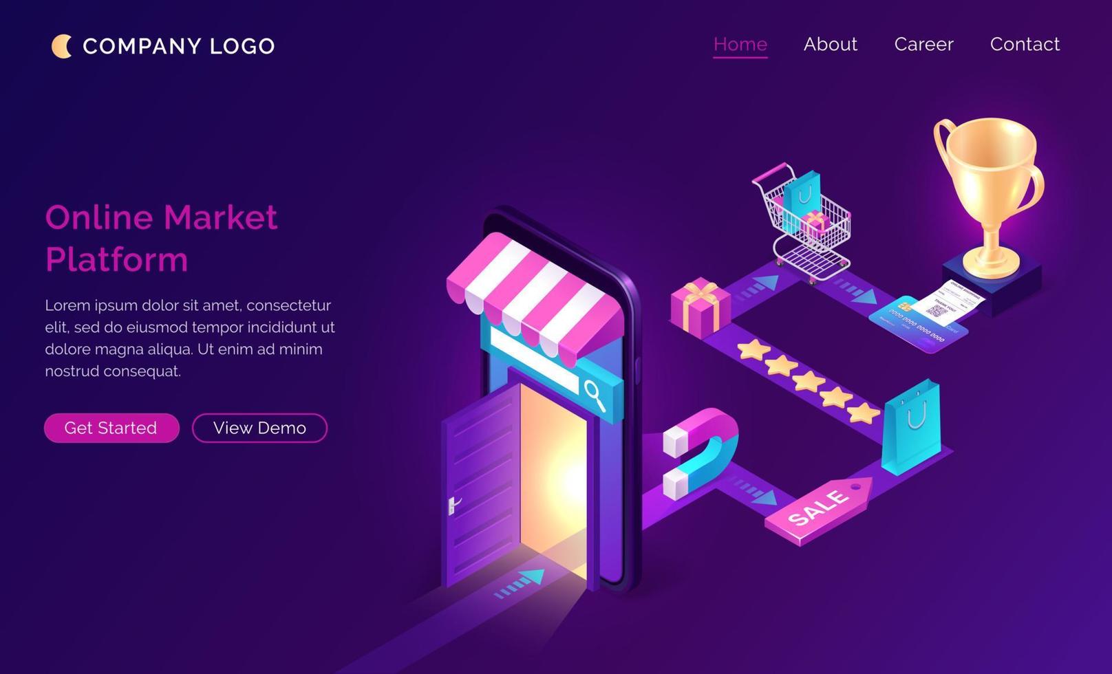 Online market platform isometric landing page, vector