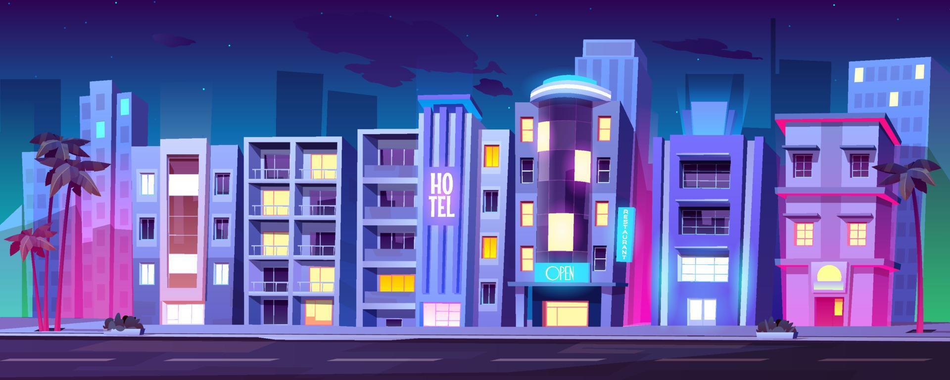 Buildings, hotels in Miami at night summer time, vector