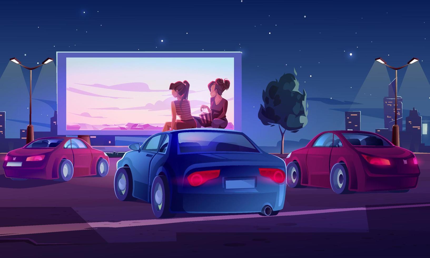 Outdoor cinema, open air movie theater with cars vector