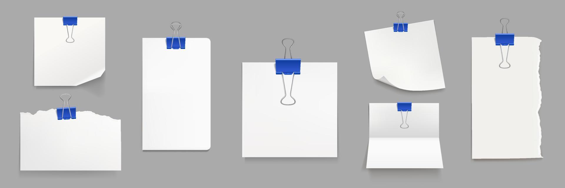 White paper sheets with blue binder clips vector