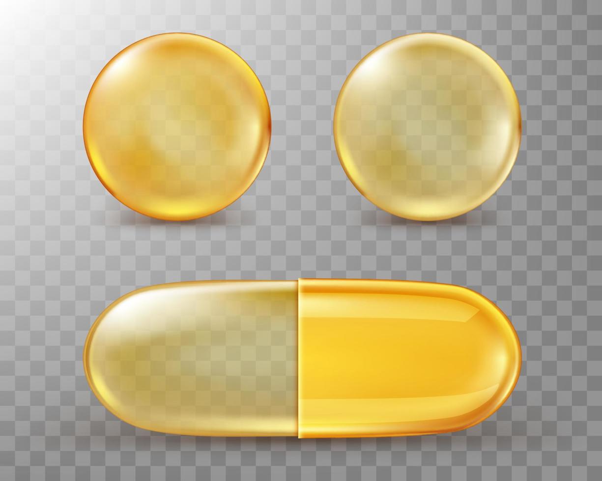 cápsulas con aceite, pastillas doradas redondas y ovaladas. vector