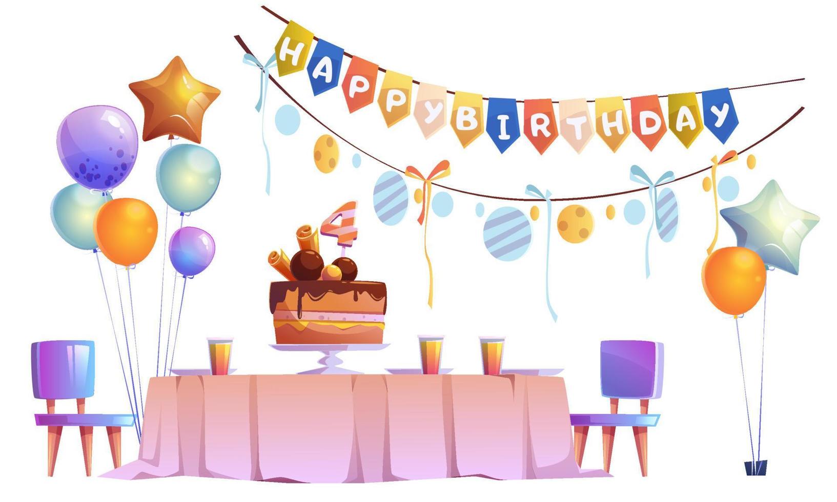 Kids birthday party decoration and festive cake vector