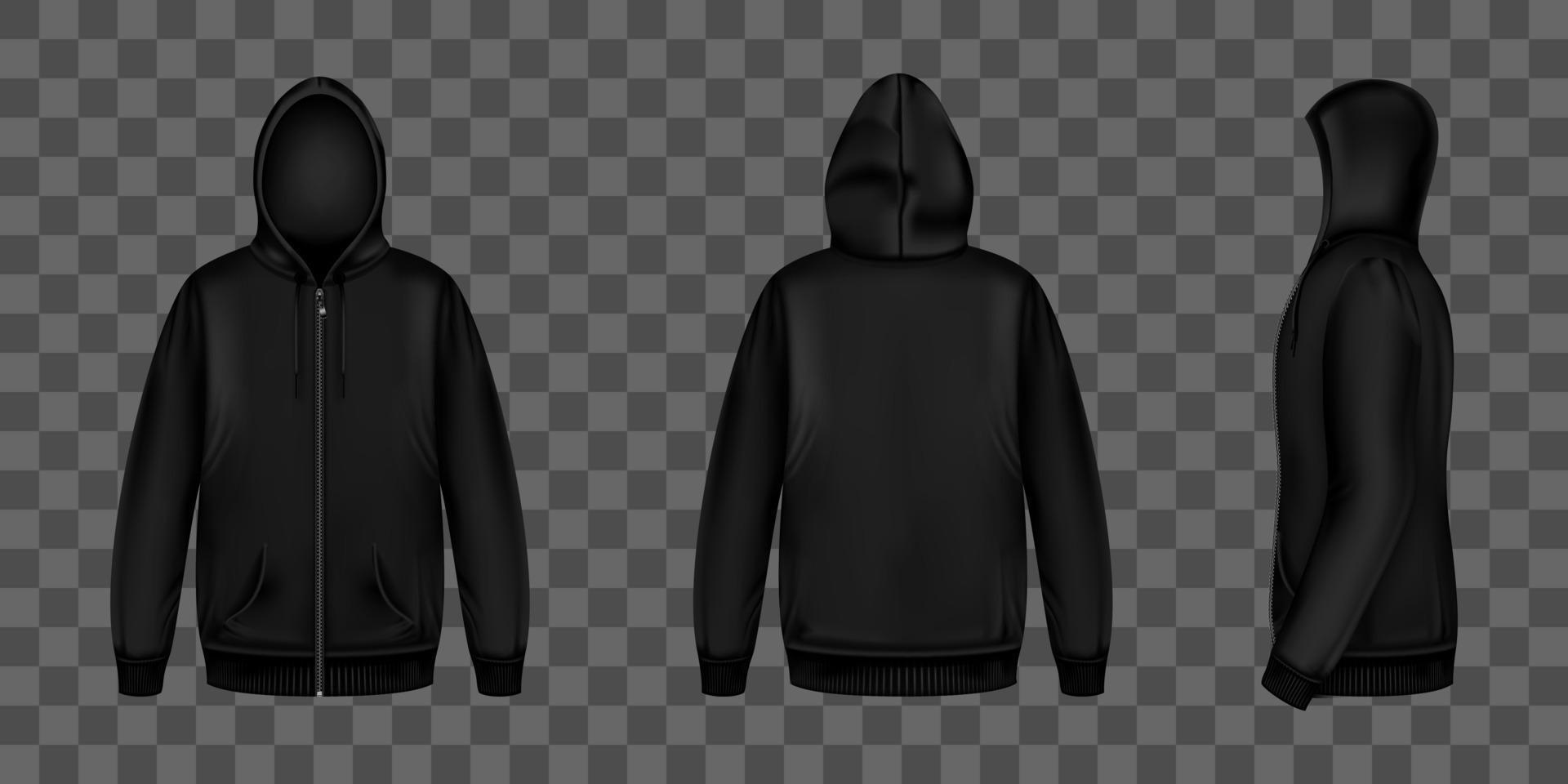 Black sweatshirt with zipper, hood and pockets vector