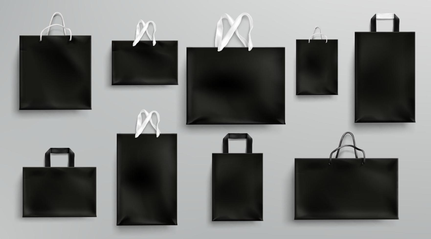 Paper shopping bags mockup, black packages set vector