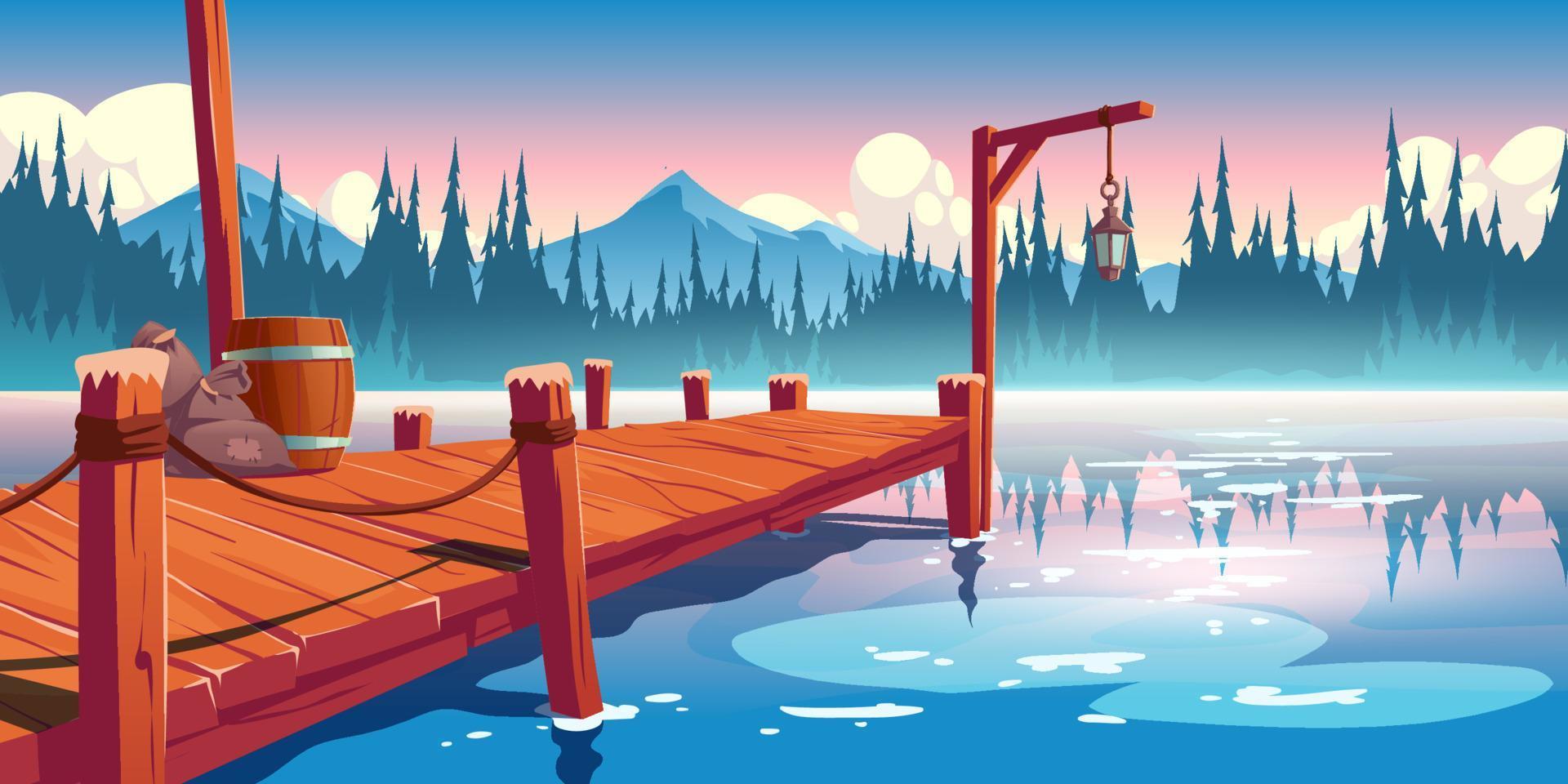 Wooden pier on lake, pond or river landscape. vector