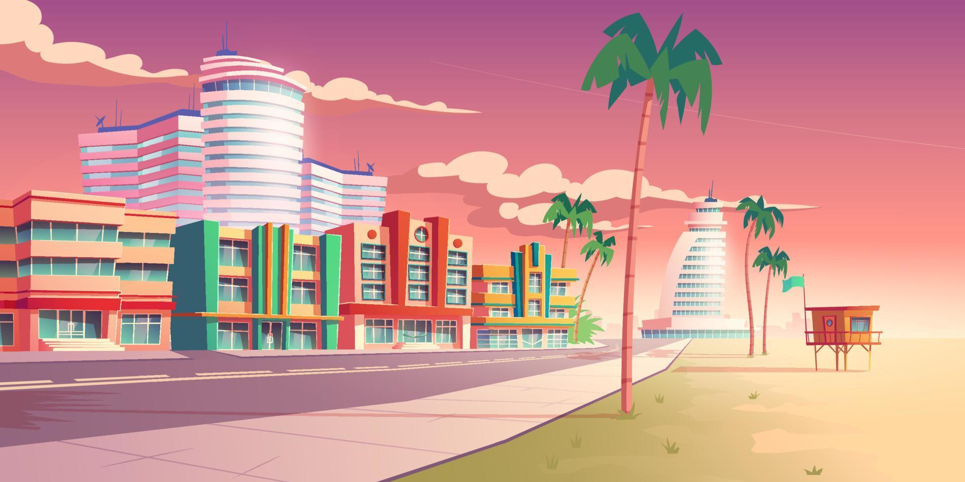 calle en miami con hoteles y playa de arena vector