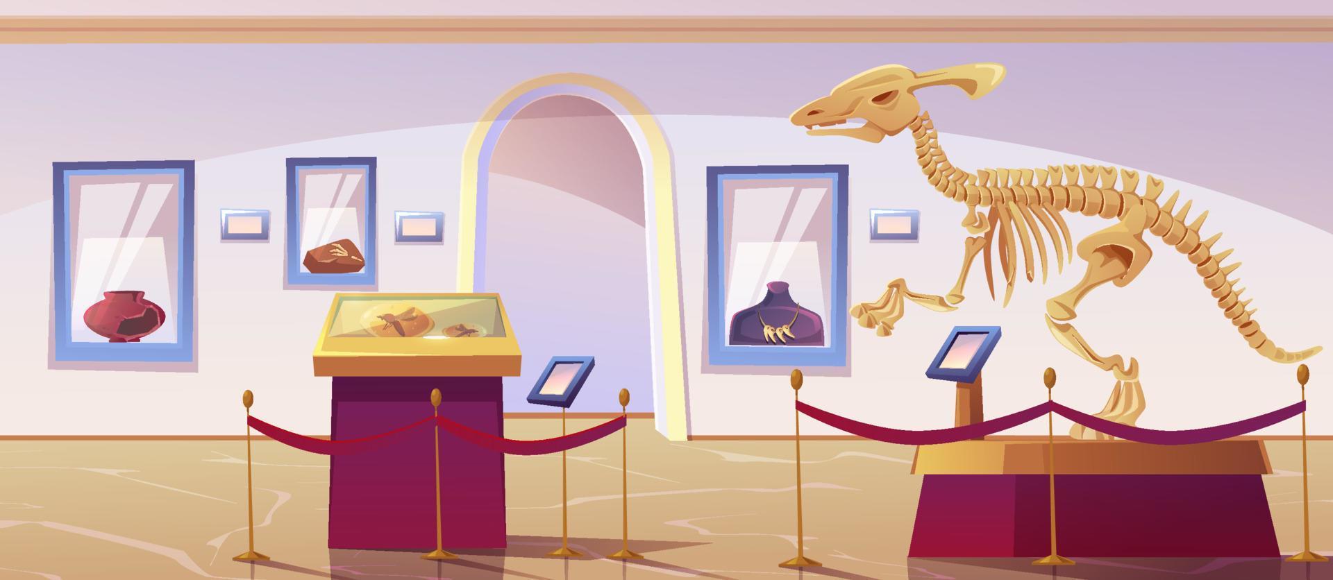 interior del museo histórico con esqueleto de dinosaurio vector