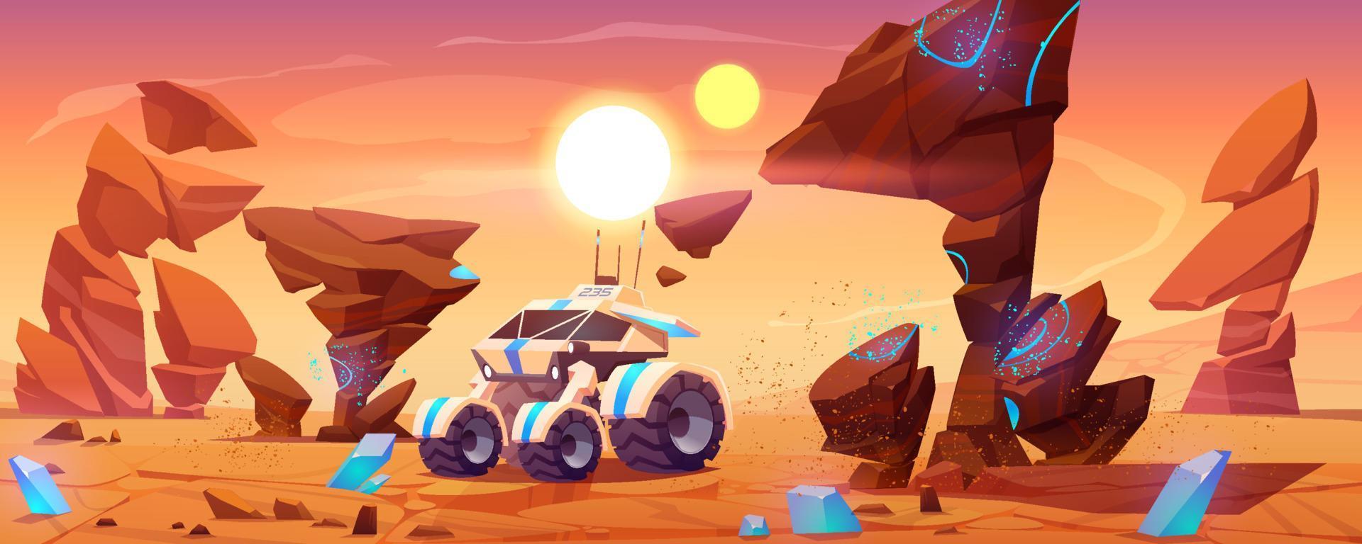 Mars rover on red planet surface explore landscape vector