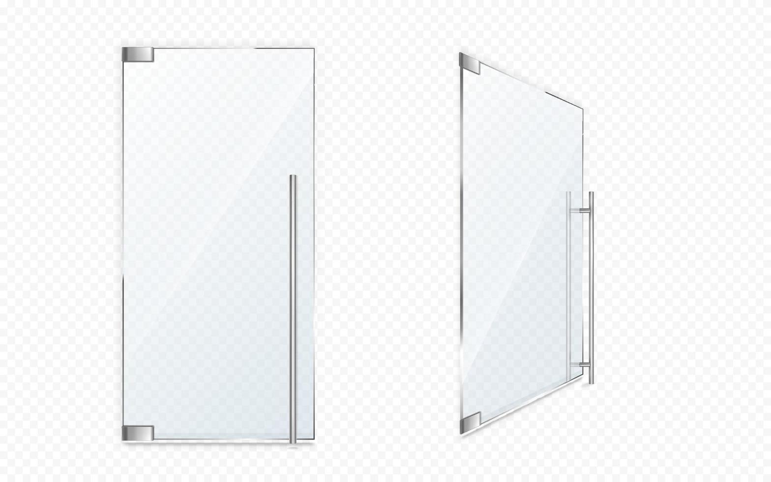 Glass doors with metal handles, close and open vector