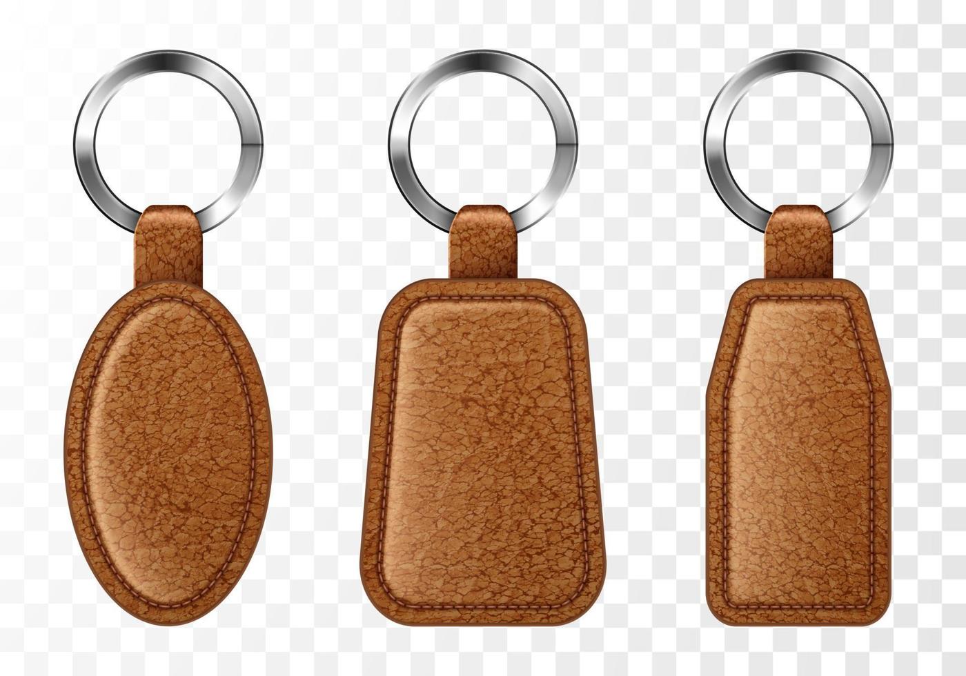 Leather keychains, brown keyring holders set. vector