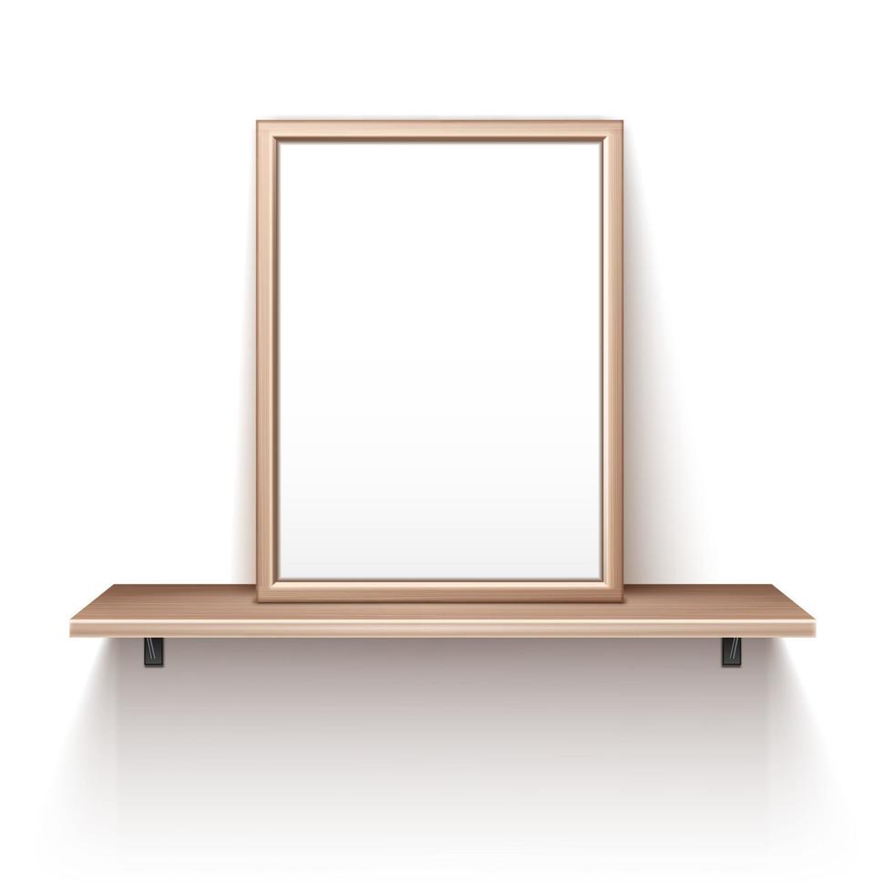 Empty photo frame standing on wooden shelf vector