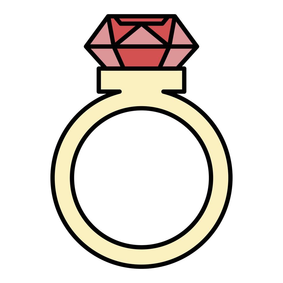 anillo con un vector de contorno de color de icono de diamante grande