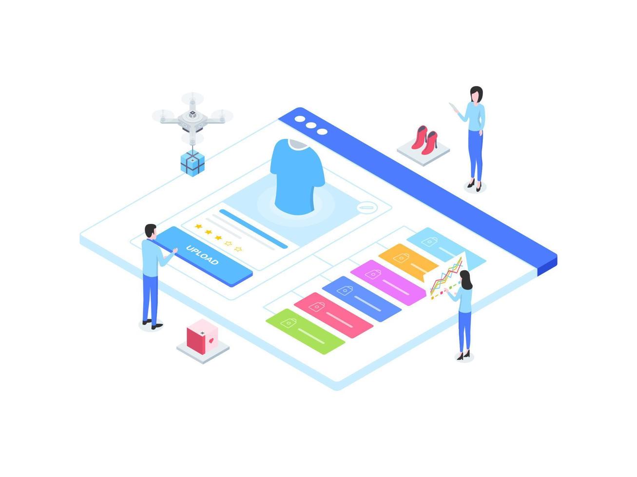E-Commerce Catalog Upload Isometric Illustration. Suitable for Mobile App, Website, Banner, Diagrams, Infographics, and Other Graphic Assets. vector