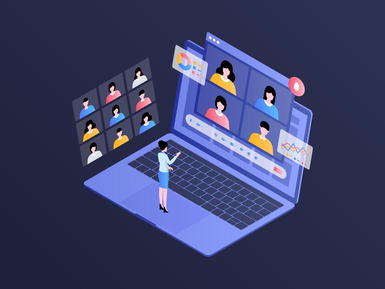 Online Meeting Isometric Illustration Dark Gradient. Suitable for Mobile App, Website, Banner, Diagrams, Infographics, and Other Graphic Assets. vector