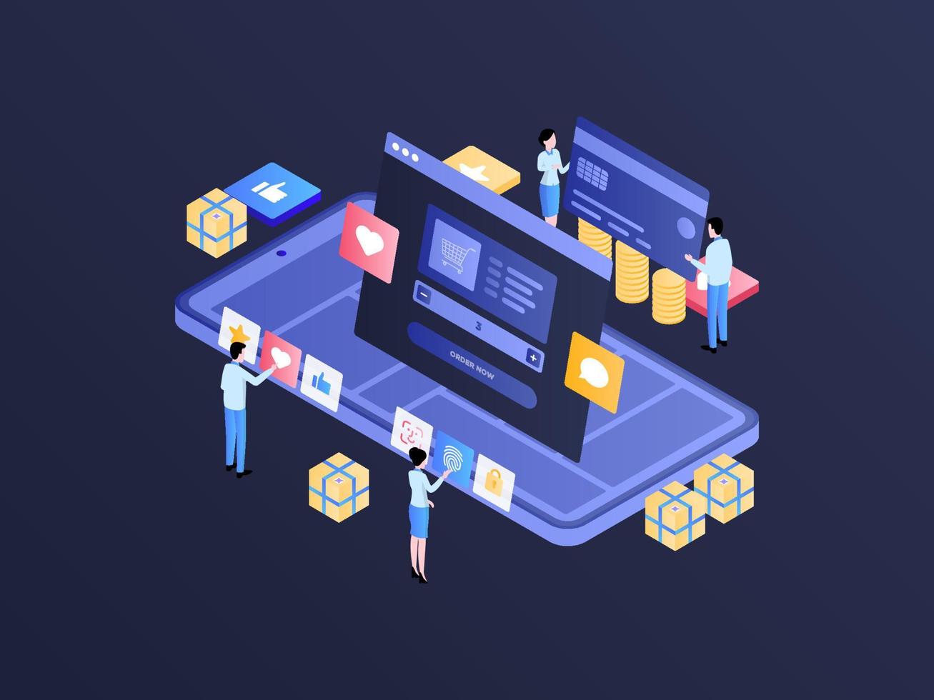 E-Commerce Order on Mobile Isometric Illustration Dark Gradient. Suitable for Mobile App, Website, Banner, Diagrams, Infographics, and Other Graphic Assets. vector