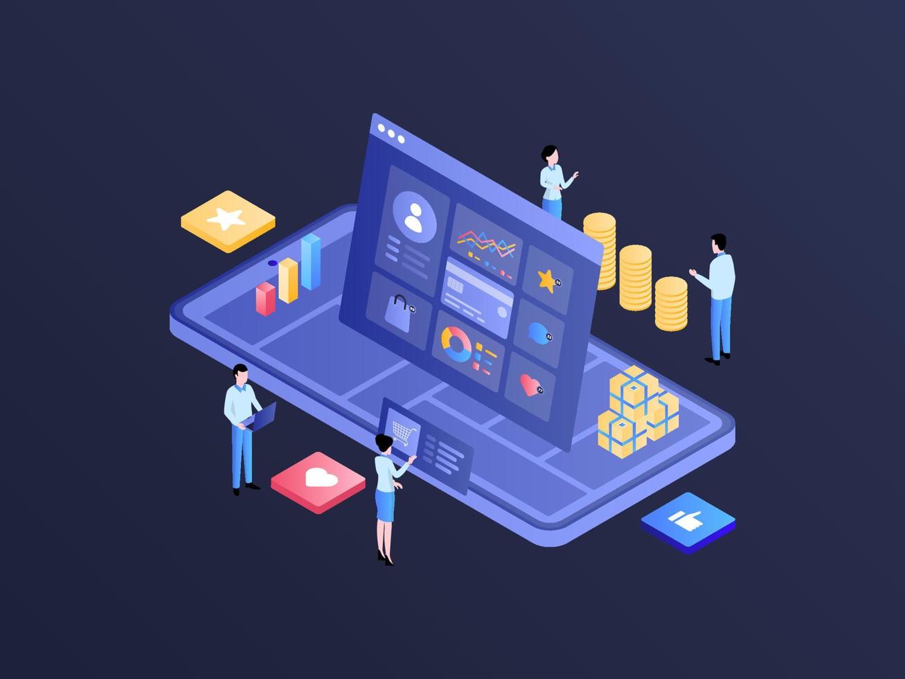 Digital Marketing Isometric Illustration Dark Gradient. Suitable for Mobile App, Website, Banner, Diagrams, Infographics, and Other Graphic Assets. vector