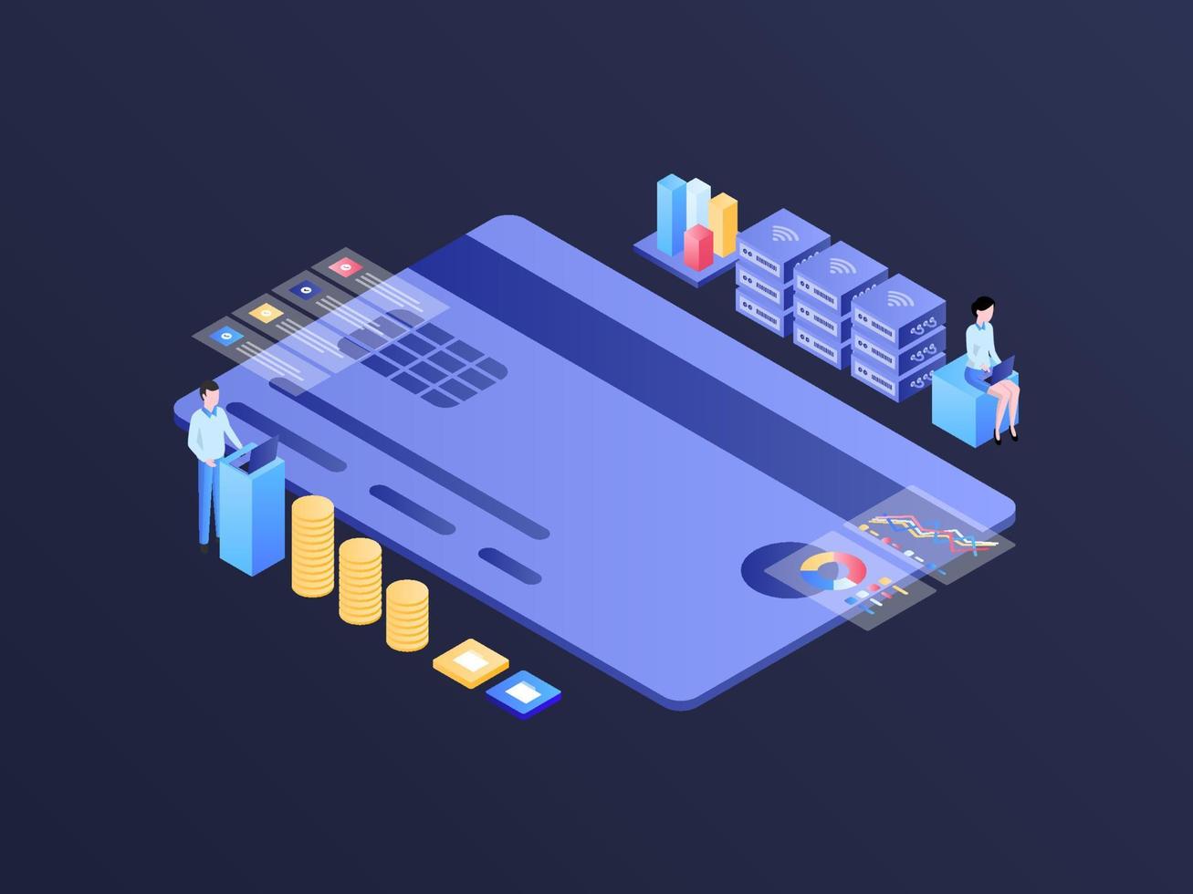 Business finance Isometric Illustration Dark Gradient. Suitable for Mobile App, Website, Banner, Diagrams, Infographics, and Other Graphic Assets. vector