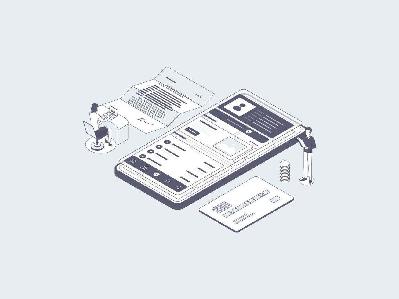 Insurance Isometric Illustration Lineal Gray. Suitable for Mobile App, Website, Banner, Diagrams, Infographics, and Other Graphic Assets. vector