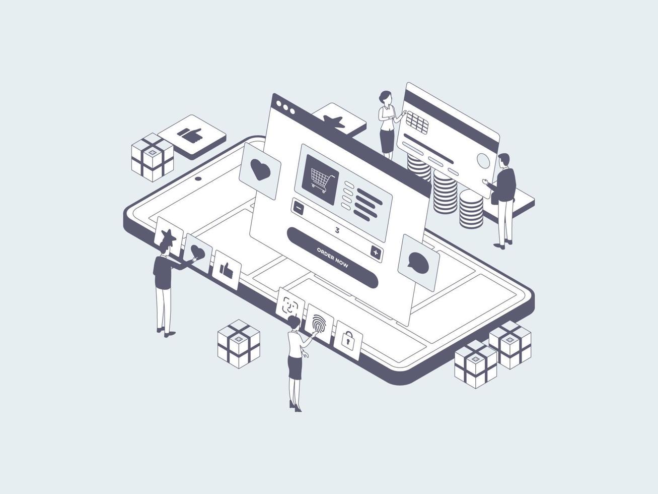 E-Commerce Order on Mobile Isometric Illustration Lineal Grey. Suitable for Mobile App, Website, Banner, Diagrams, Infographics, and Other Graphic Assets. vector