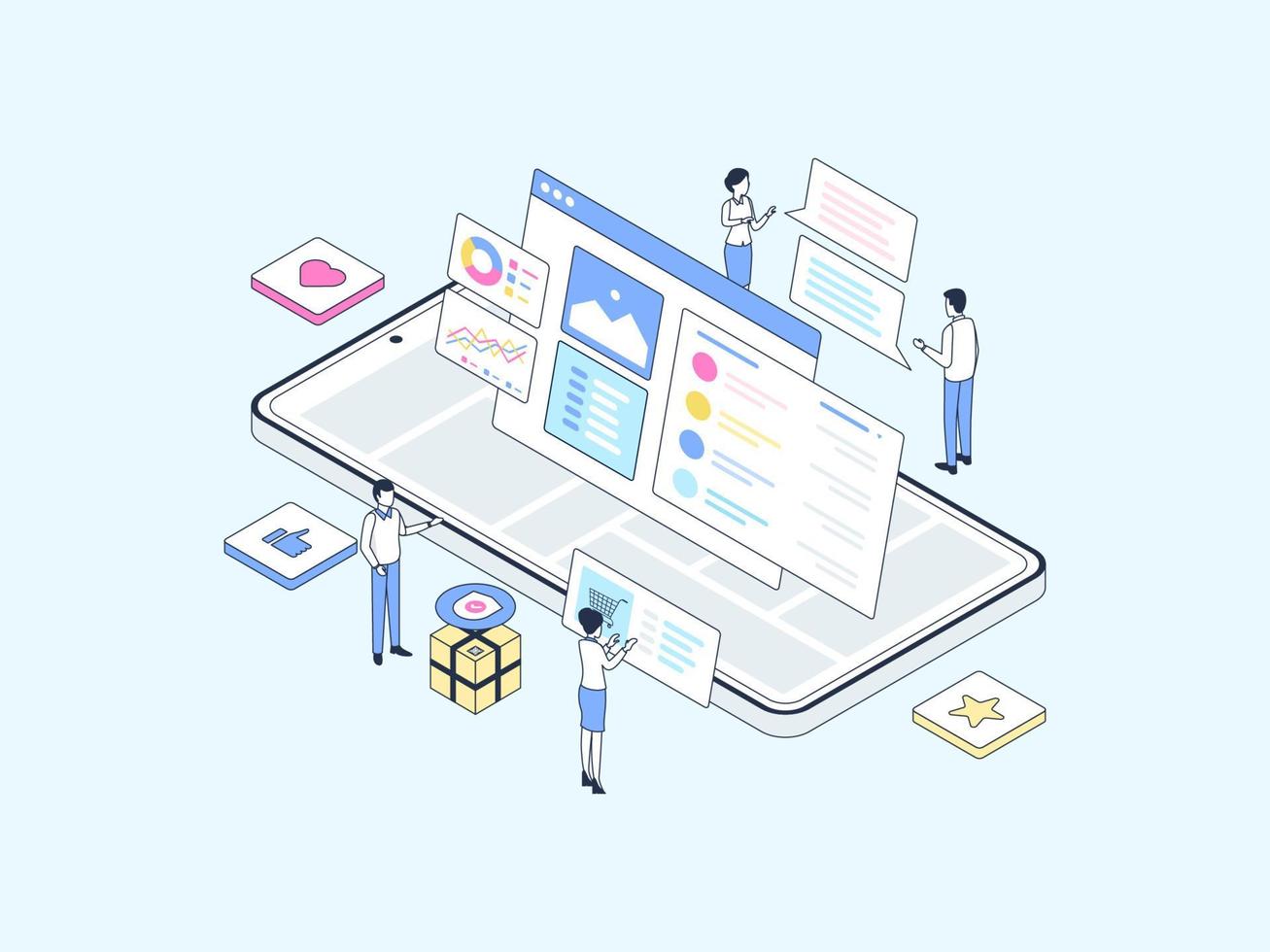 Detail Product on Mobile Isometric Illustration Lineal Color. Suitable for Mobile App, Website, Banner, Diagrams, Infographics, and Other Graphic Assets. vector