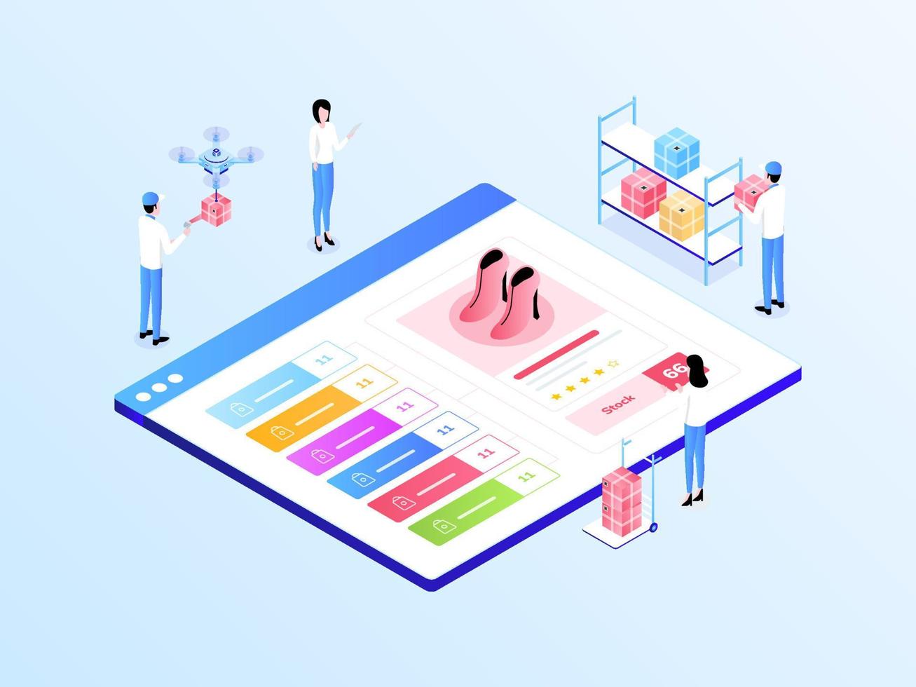 E-Commerce Omnichannel Synchronization Stock  Isometric Illustration Light Gradient. Suitable for Mobile App, Website, Banner, Diagrams, Infographics, and Other Graphic Assets. vector