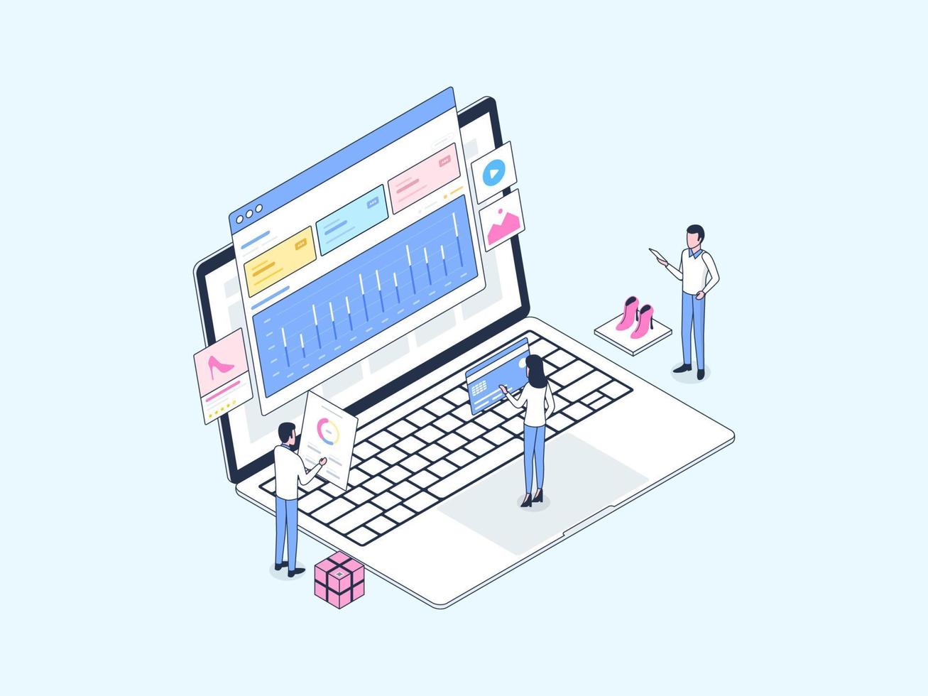 E-Commerce Ads Isometric Illustration Lineal Color. Suitable for Mobile App, Website, Banner, Diagrams, Infographics, and Other Graphic Assets. vector