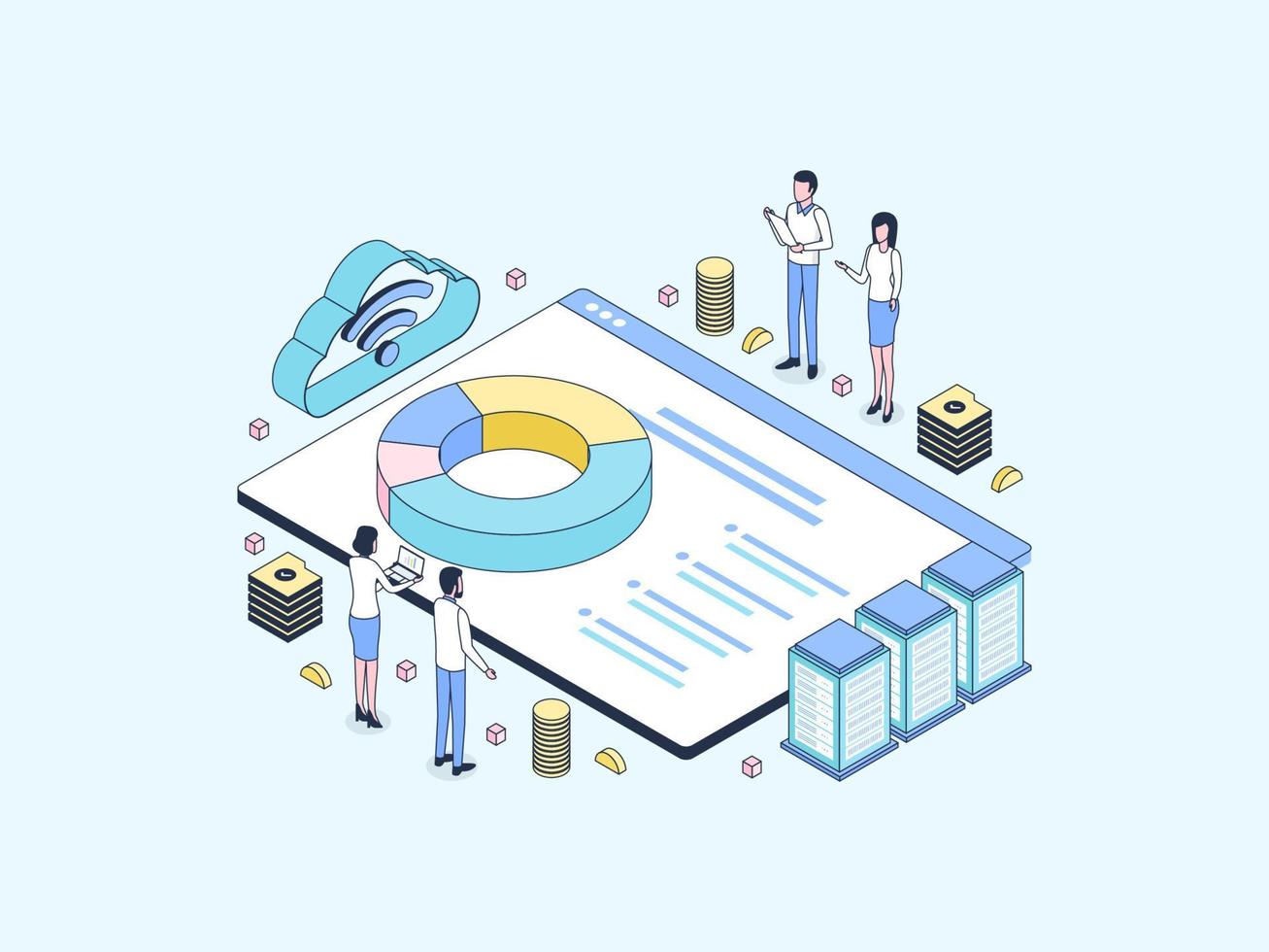 Accounting Seminar Isometric  Illustration Lineal Color. Suitable for Mobile App, Website, Banner, Diagrams, Infographics, and Other Graphic Assets. vector