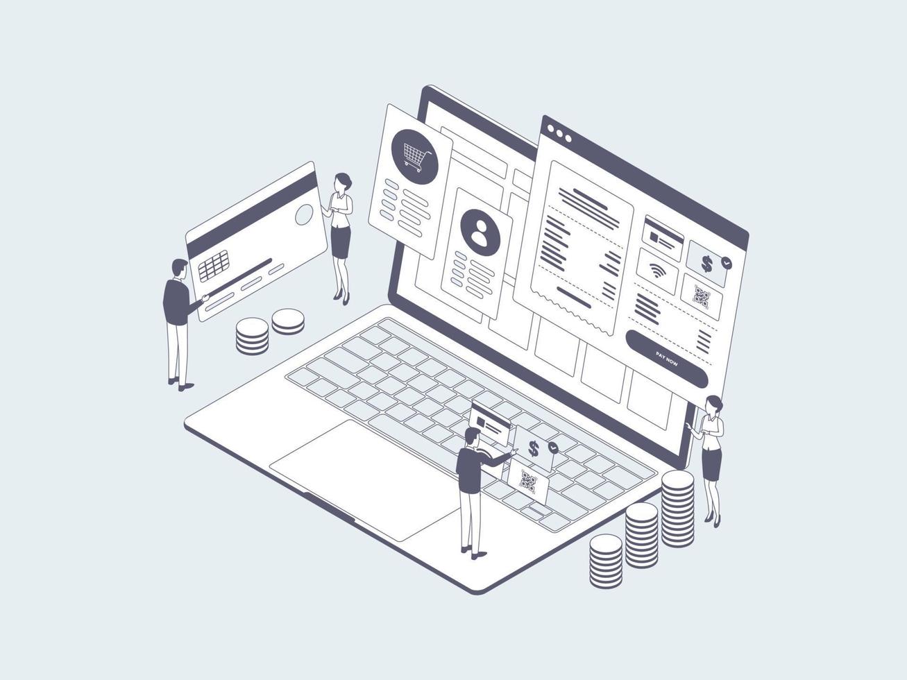 Desktop Payment Isometric Illustration Lineal Grey. Suitable for Mobile App, Website, Banner, Diagrams, Infographics, and Other Graphic Assets. vector