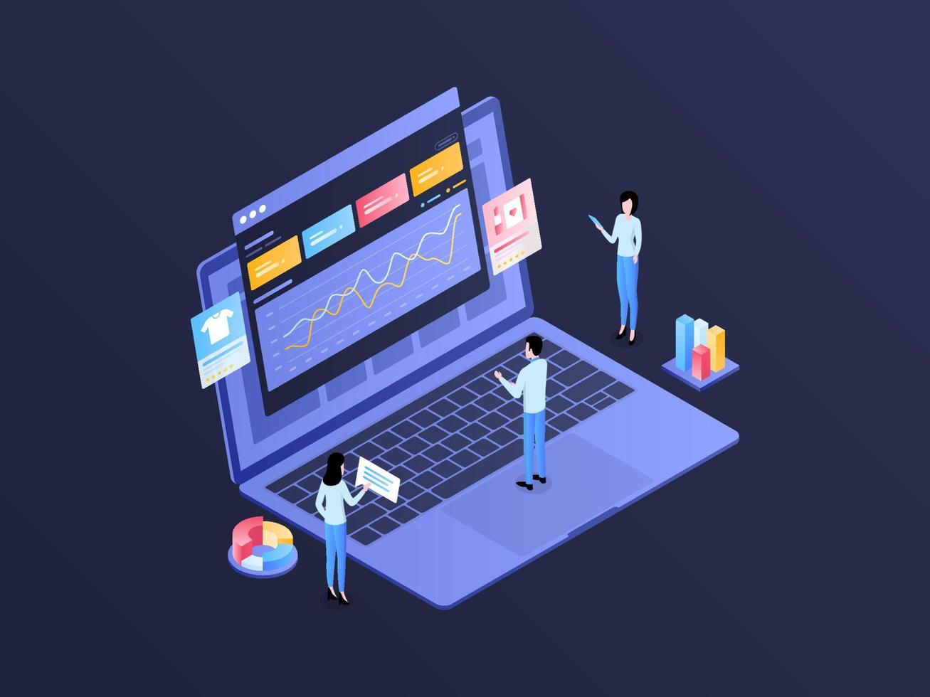 E-Commerce Analytics Isometric Illustration Dark Gradient. Suitable for Mobile App, Website, Banner, Diagrams, Infographics, and Other Graphic Assets. vector