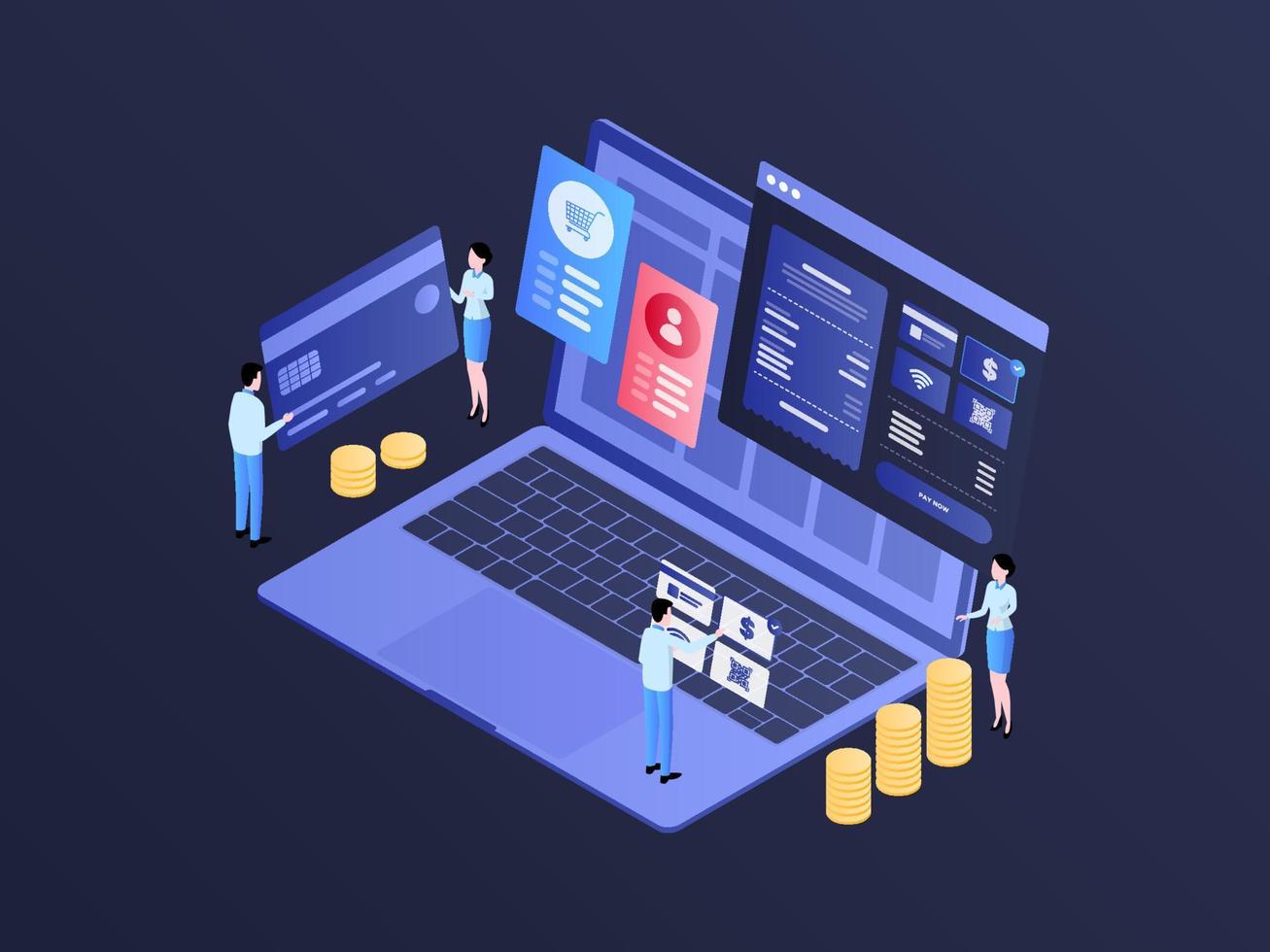Desktop Payment Isometric Illustration Dark Gradient. Suitable for Mobile App, Website, Banner, Diagrams, Infographics, and Other Graphic Assets. vector