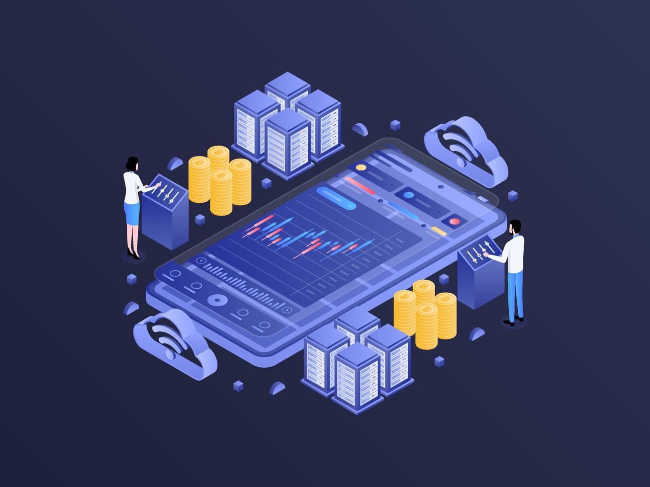 Bitcoin Isometric Dark Gradient Illustration. Suitable for Mobile App, Website, Banner, Diagrams, Infographics, and Other Graphic Assets. vector